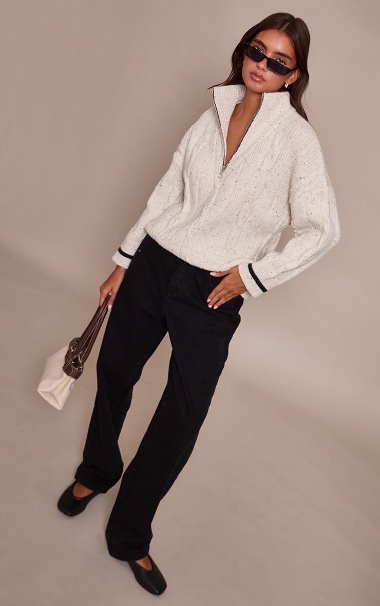 Pretty Little Thing Light Grey Zip Detail Cable Knit Oversized Sweater