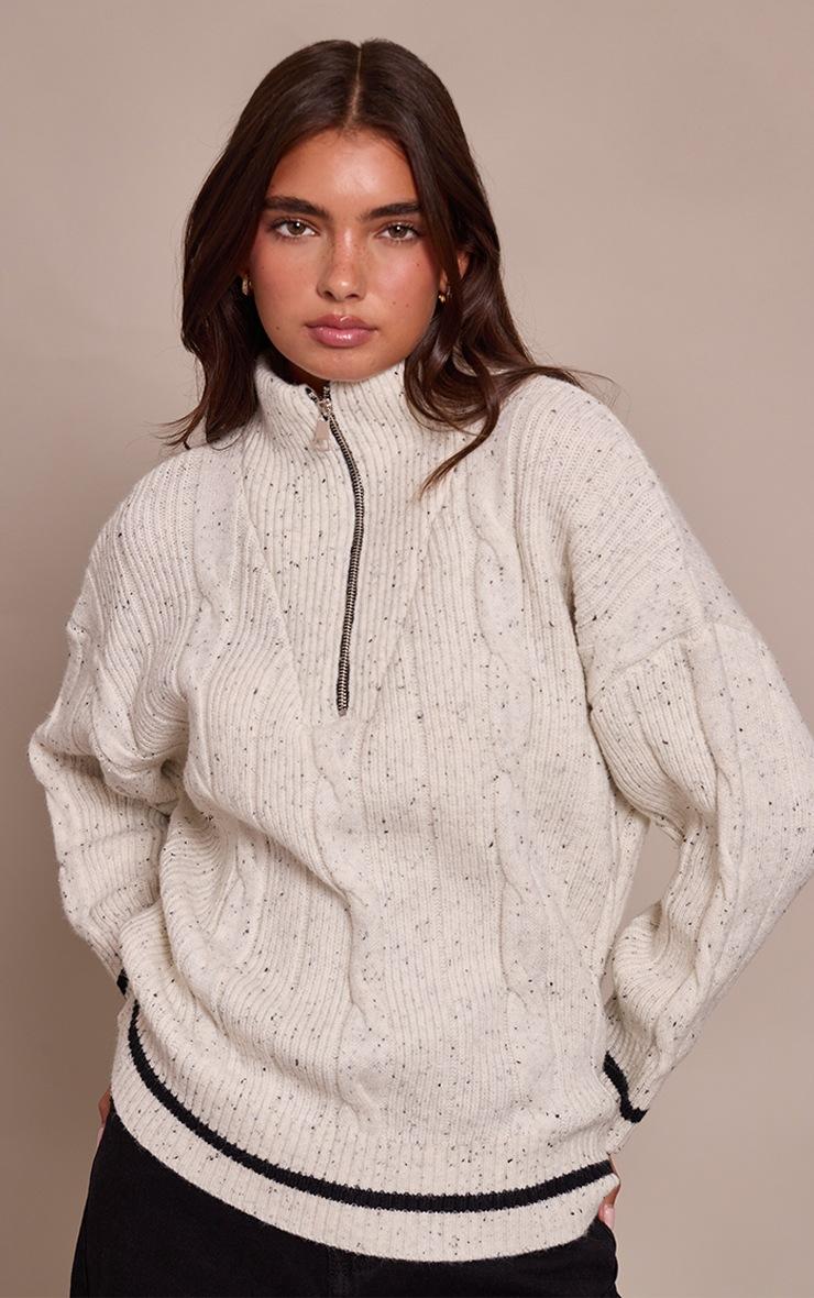 Pretty Little Thing Light Grey Zip Detail Cable Knit Oversized Sweater
