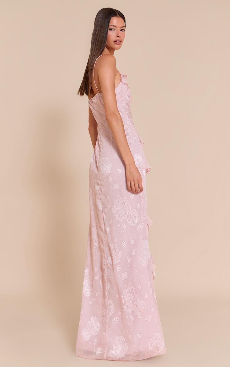 Pretty Little Thing Light Pink Floral Embroidered Frill Maxi Dress
