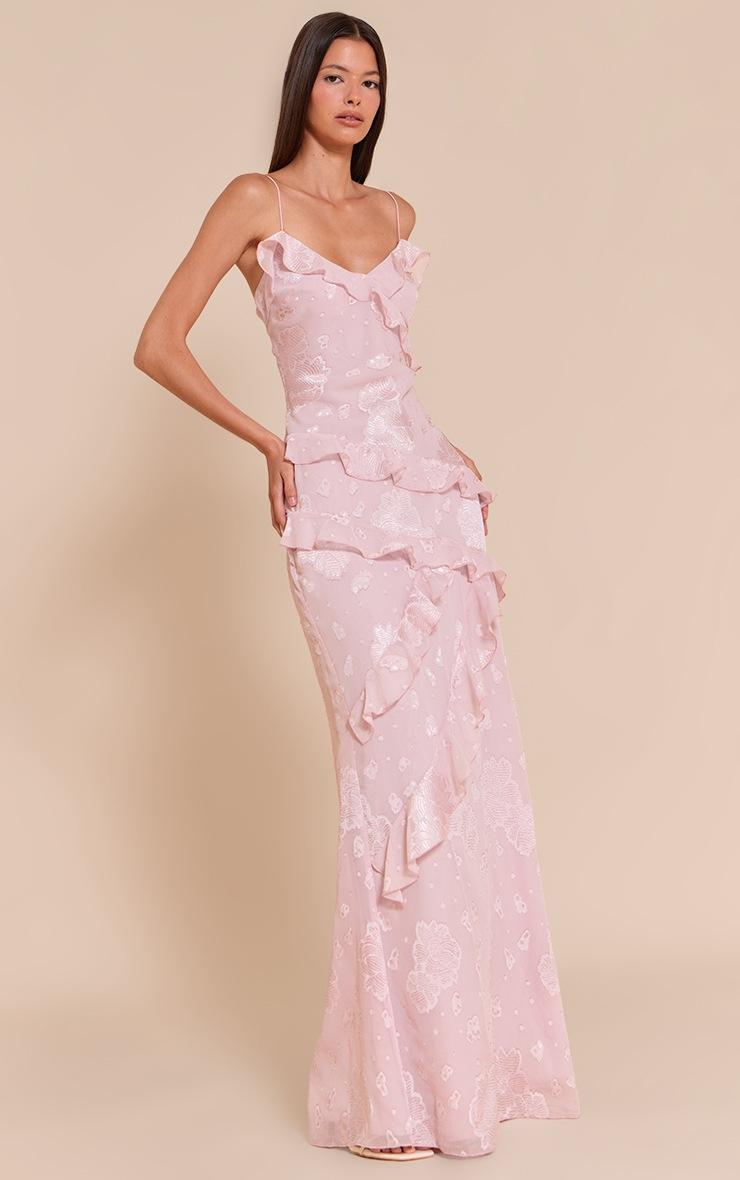 Pretty Little Thing Light Pink Floral Embroidered Frill Maxi Dress