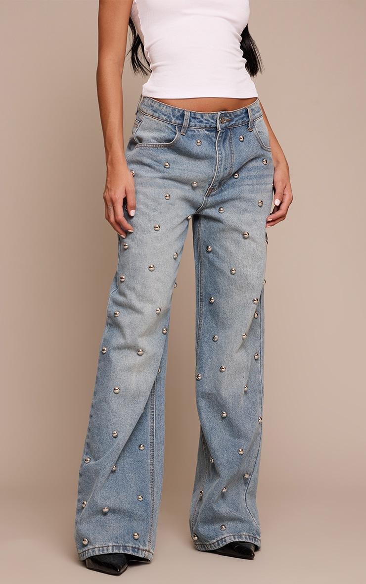 Pretty Little Thing Mid Blue Dome Stud High Waisted Denim Jeans