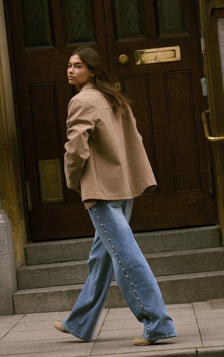 Pretty Little Thing Mid Blue Studded High Waist Jeans