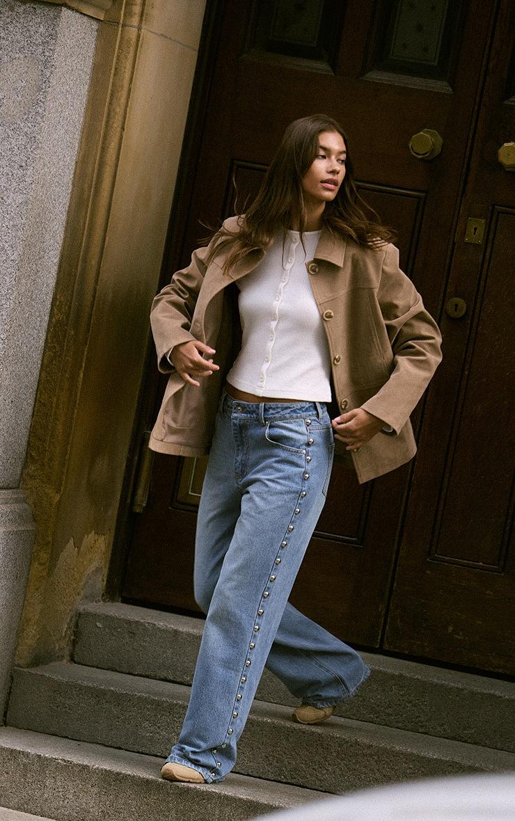 Pretty Little Thing Mid Blue Studded High Waist Jeans
