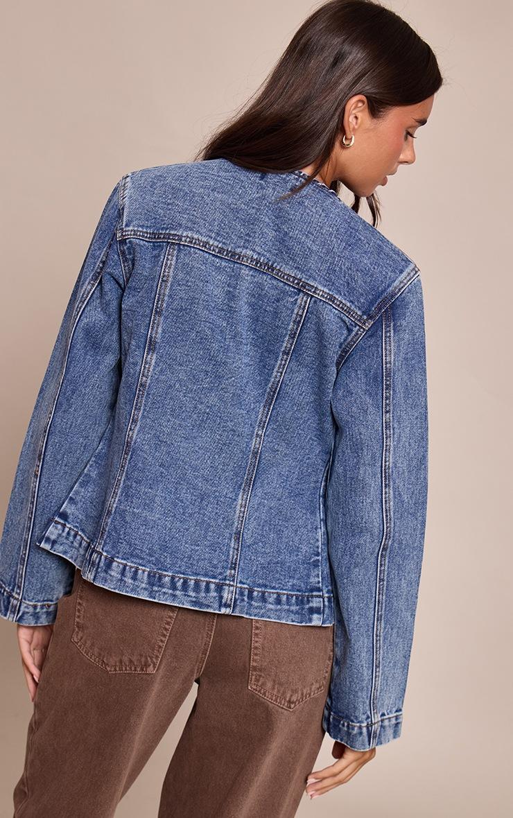 Pretty Little Thing Mid Blue Wash Asymmetric Button Collarless Denim Shirt