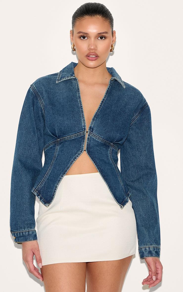 Pretty Little Thing Mid Blue Wash Cinched Waist Split Hem Balloon Sleeve Shirt