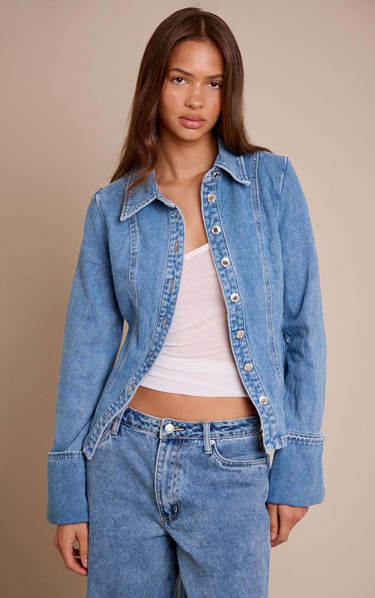 Pretty Little Thing Mid Blue Wash Long Sleeve Cinch Waist Denim Shirt