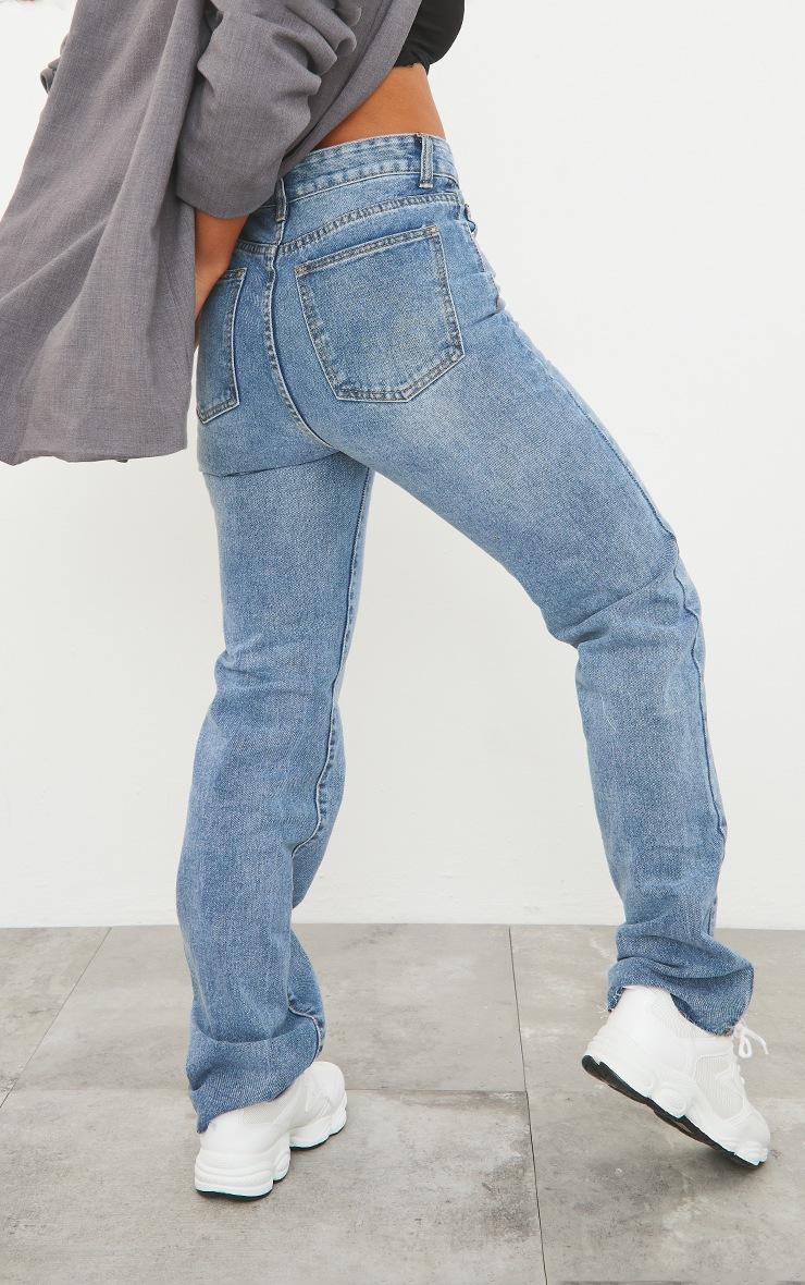 Pretty Little Thing Mid Blue Wash Long Straight Leg Raw Hem Jeans