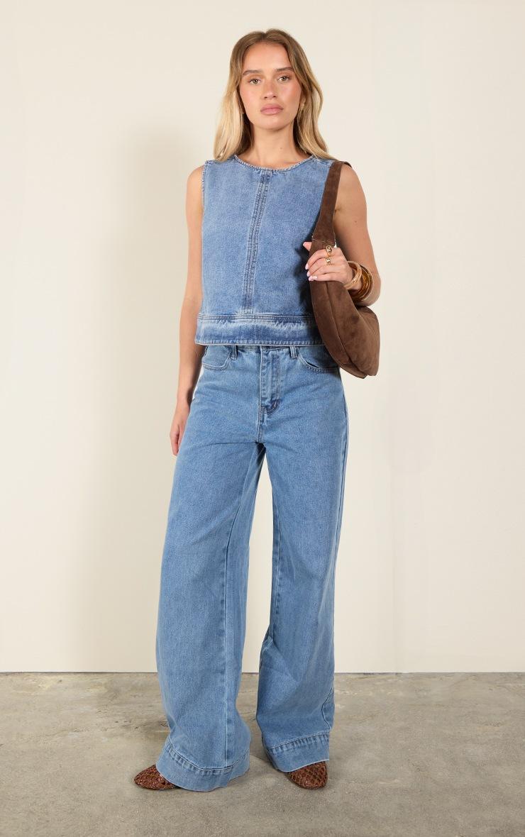 Pretty Little Thing Mid Blue Wash Round Neck Sleeveless Boxy Denim Top