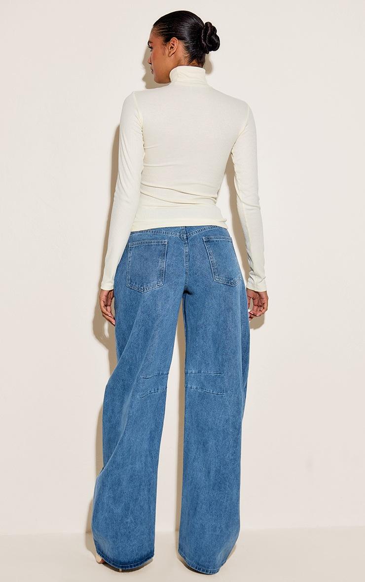 Pretty Little Thing Mid Blue Wash Seam Detail Barrel Jean