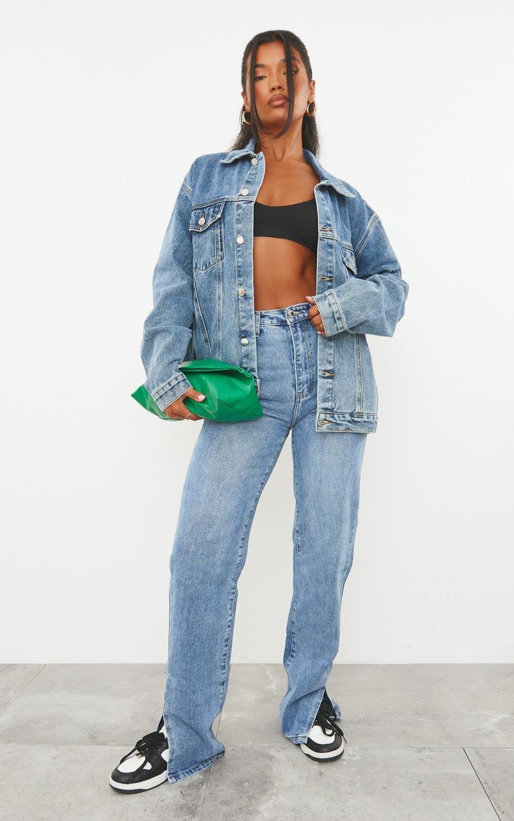 Pretty Little Thing Mid Blue Wash Split Hem Straight Leg Jeans