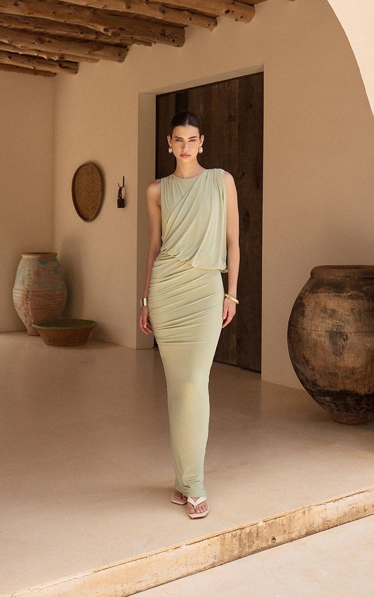 Pretty Little Thing Mint Green Double Layer Slinky Drape Ruched Maxi Dress