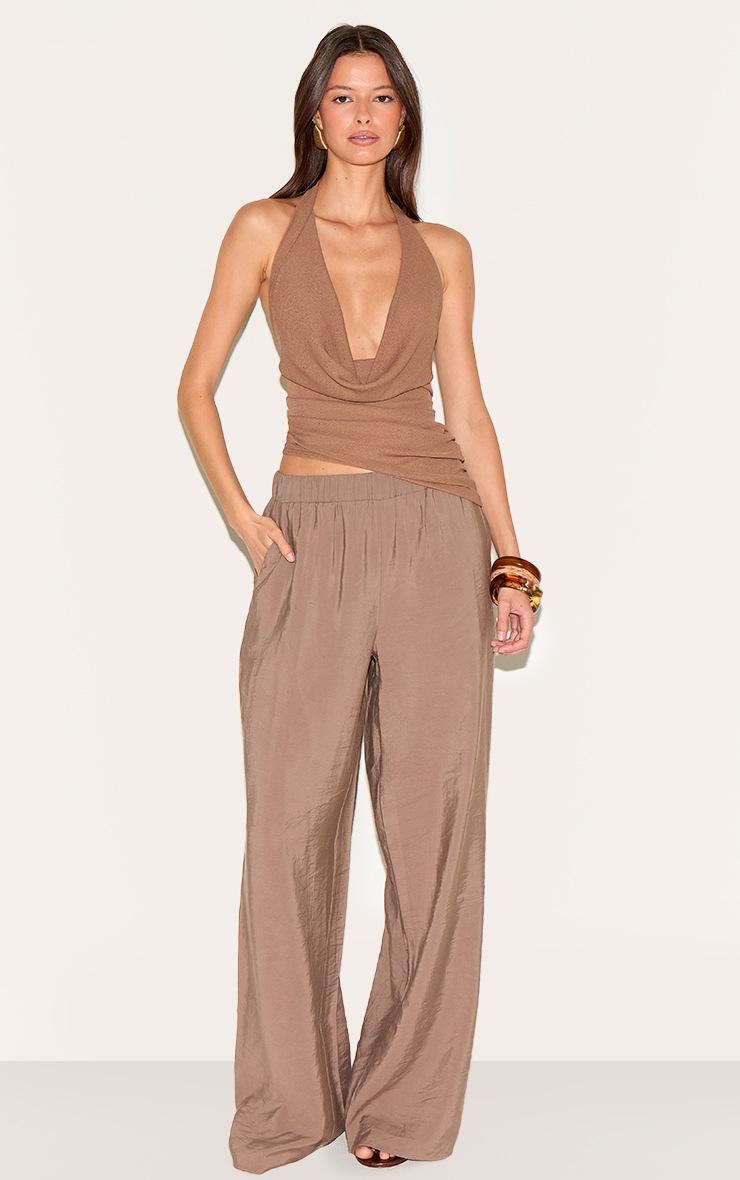 Pretty Little Thing Mocha Burnout Mesh Cowl Neck Detail Long Top