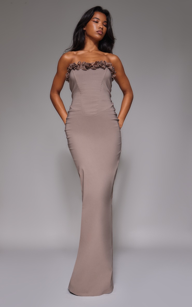 Pretty Little Thing Mocha Stretch Woven Rosette Bandeau Maxi Dress