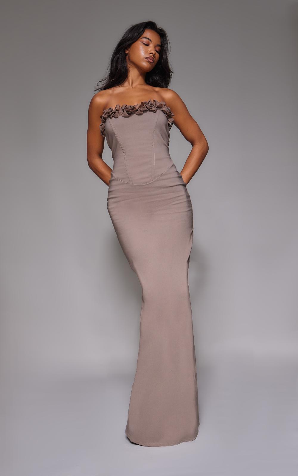 Pretty Little Thing Mocha Stretch Woven Rosette Bandeau Maxi Dress