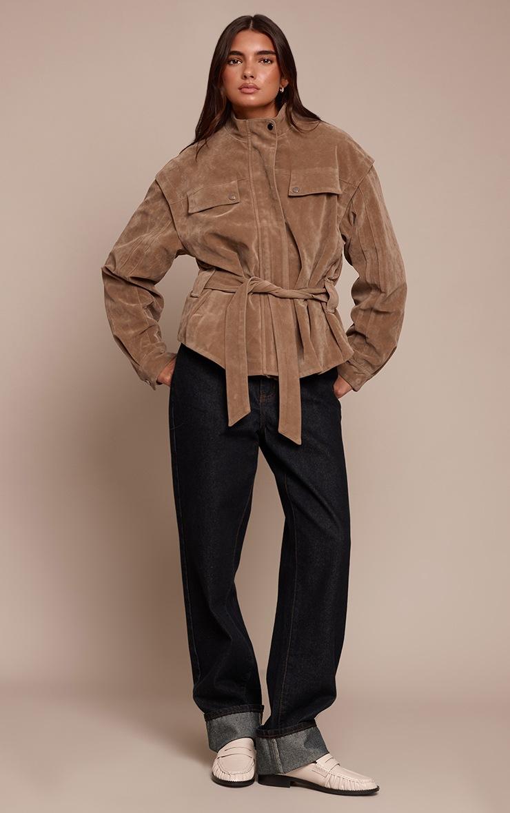 Pretty Little Thing Mushroom Faux Suede Belted Drop Waist Jacket