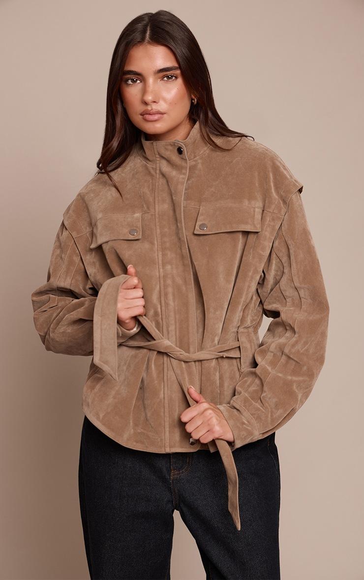 Pretty Little Thing Mushroom Faux Suede Belted Drop Waist Jacket