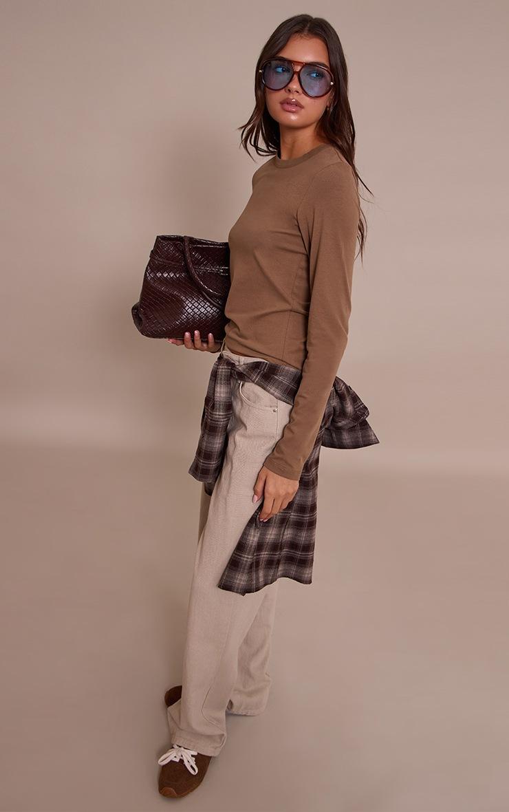 Pretty Little Thing Mushroom Soft Cotton Crew Neck Longline Long Sleeve Top