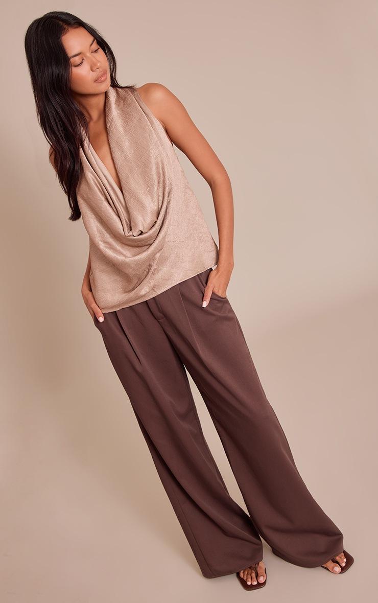 Pretty Little Thing Mushroom Textured Satin Cowl Neck Detail Long Top