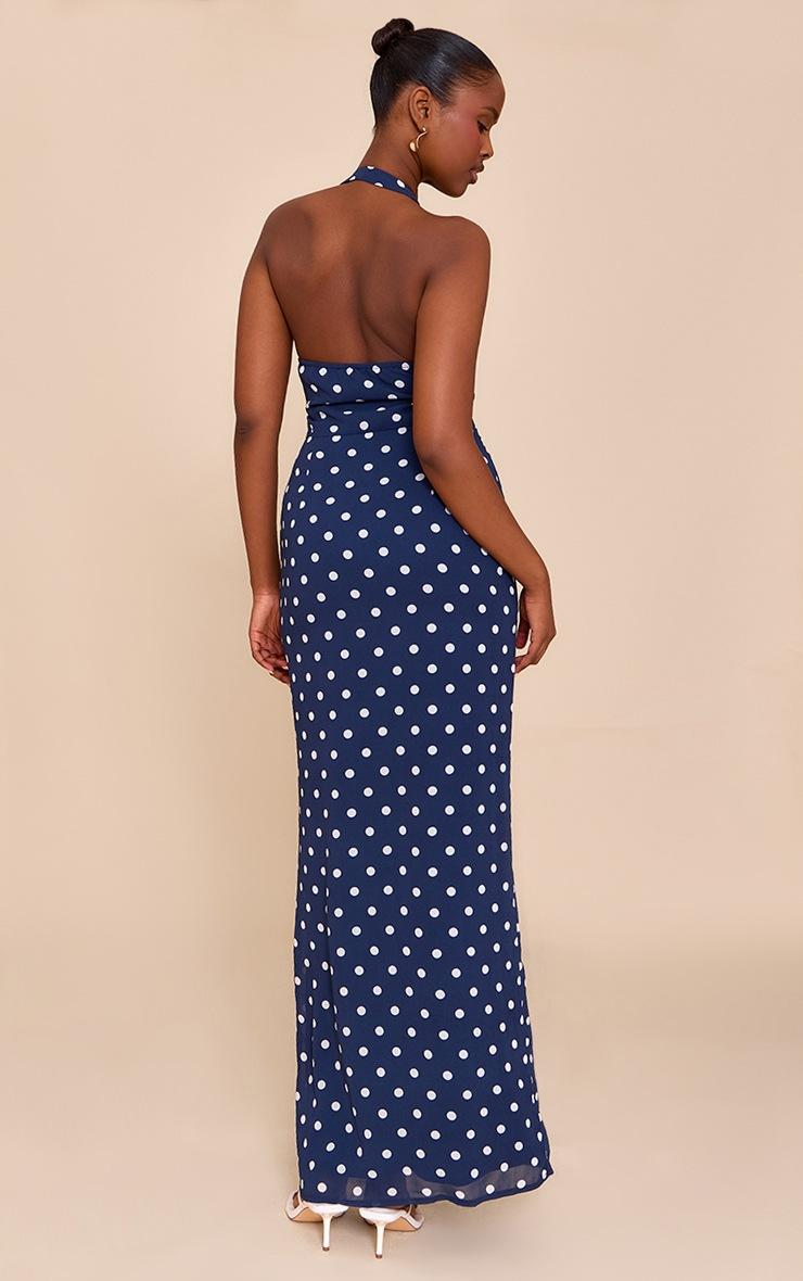 Pretty Little Thing Navy And White Chiffon Polka Dot Printed Plunge Neck Maxi Dress