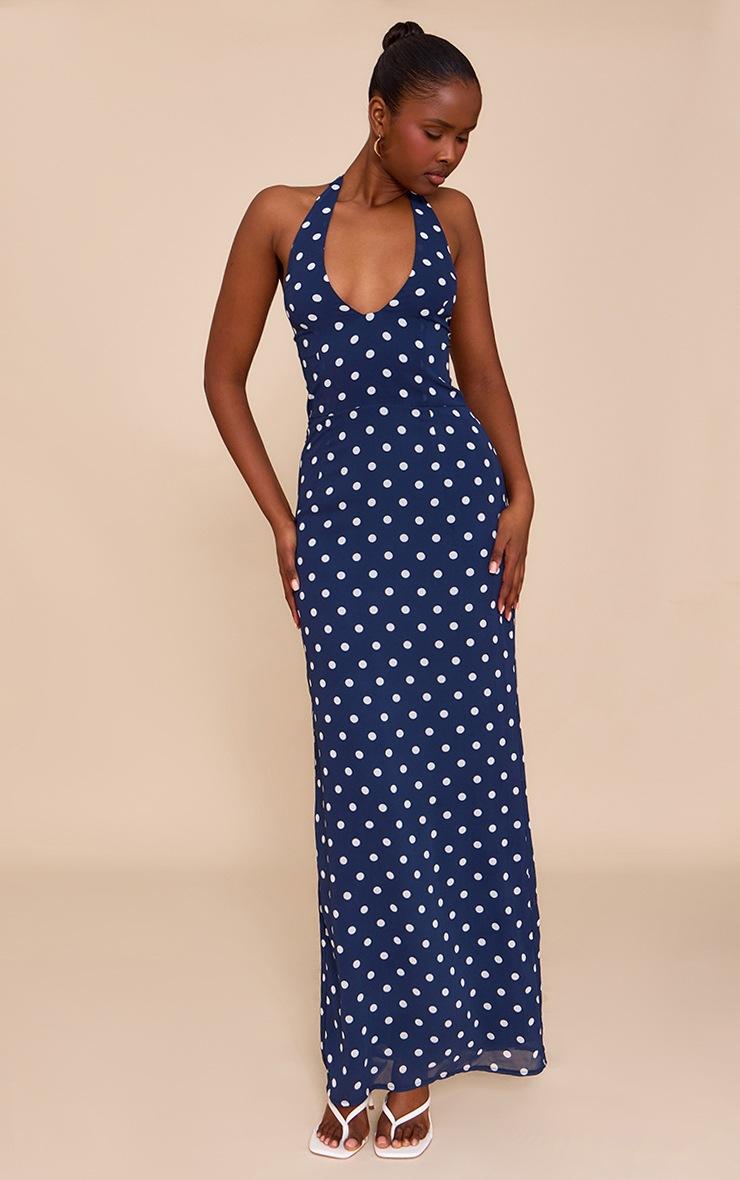 Pretty Little Thing Navy And White Chiffon Polka Dot Printed Plunge Neck Maxi Dress