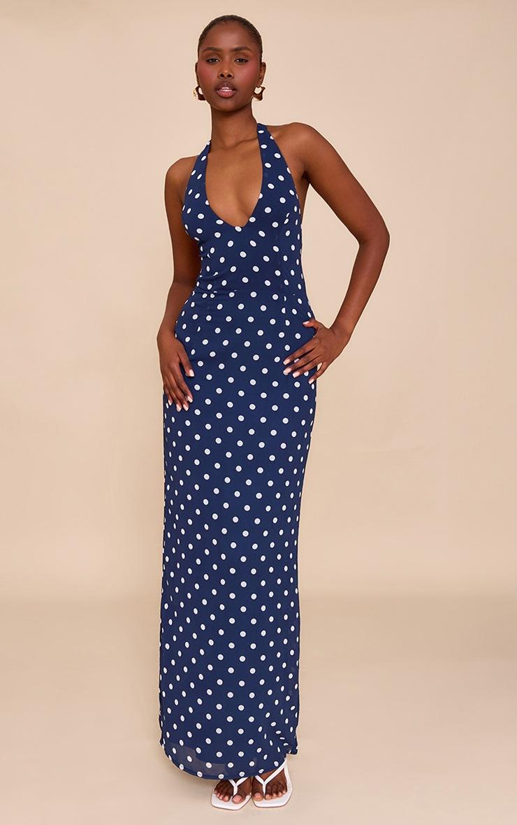 Pretty Little Thing Navy And White Chiffon Polka Dot Printed Plunge Neck Maxi Dress