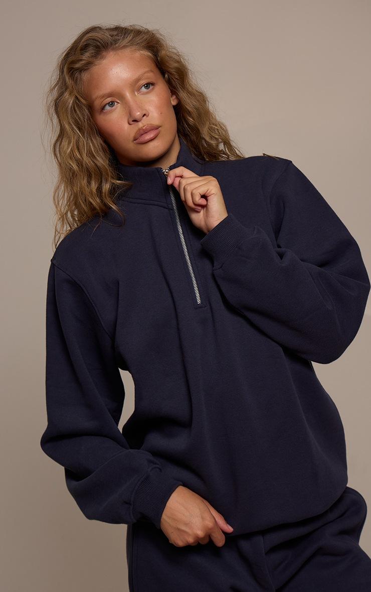 Pretty Little Thing Navy Cotton Fleece Quarter Zip Sweatshirt