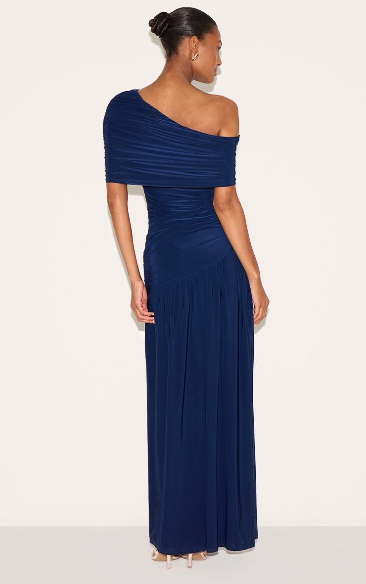 Pretty Little Thing Navy Double Layer Slinky Bardot One Shoulder Ruched Maxi Dress