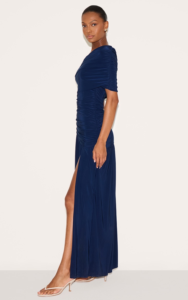 Pretty Little Thing Navy Double Layer Slinky Bardot One Shoulder Ruched Maxi Dress
