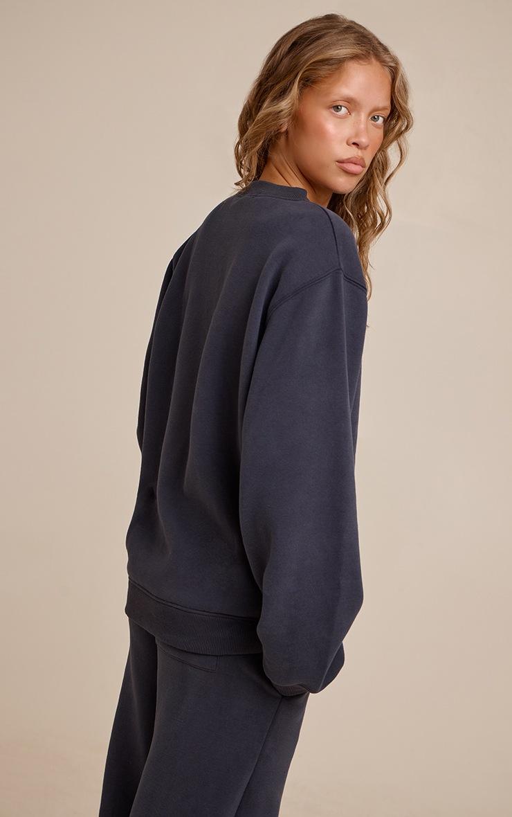 Pretty Little Thing Navy PLT Embroidered Cotton Fleece Oversized Crew Sweatshirt