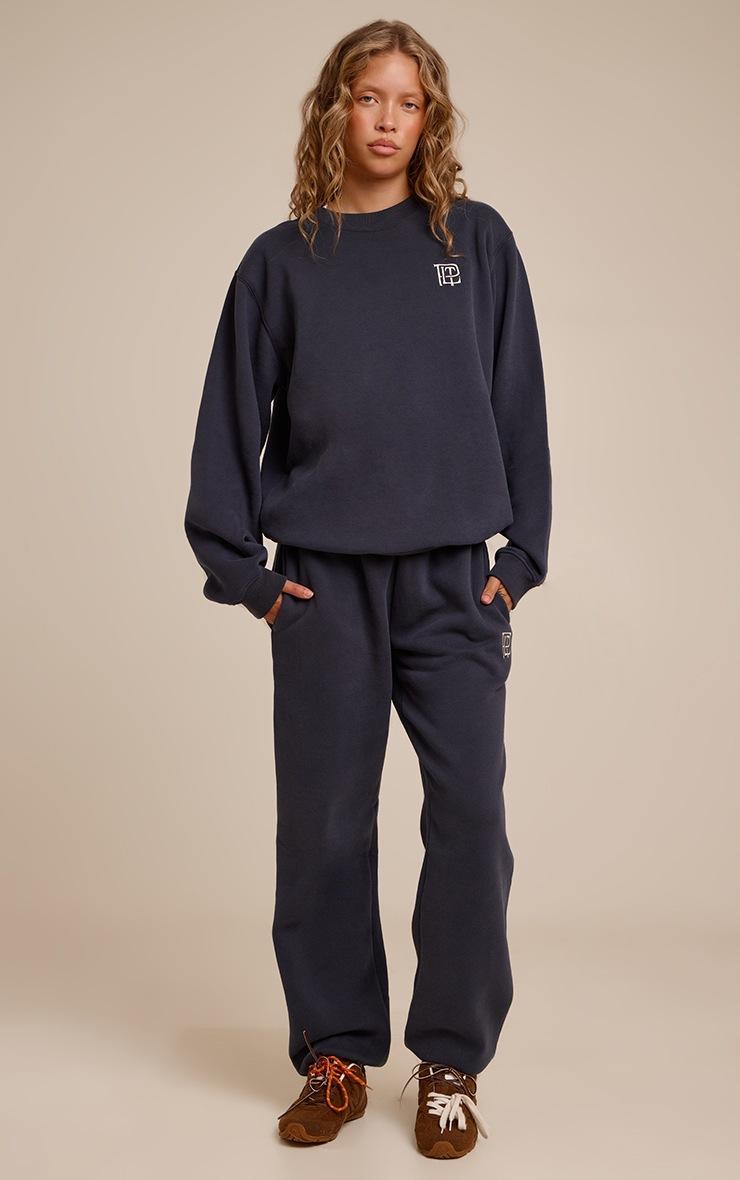 Pretty Little Thing Navy PLT Embroidered Cotton Fleece Oversized Crew Sweatshirt