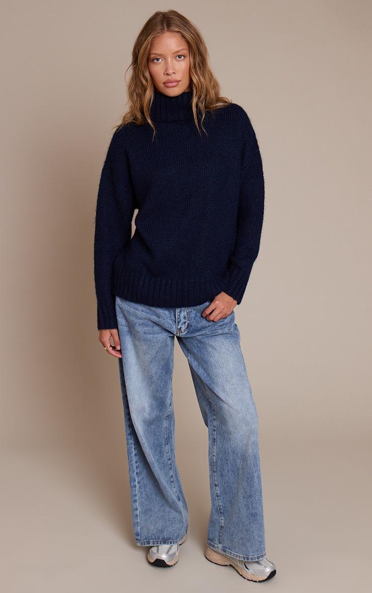 Pretty Little Thing Navy Roll Neck Balloon Sleeve Oversized Sweater