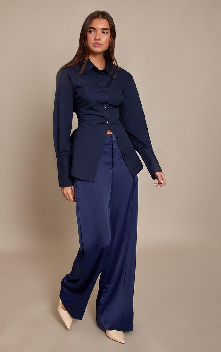 Pretty Little Thing Navy Satin Tailored Detail Wide Leg Pants