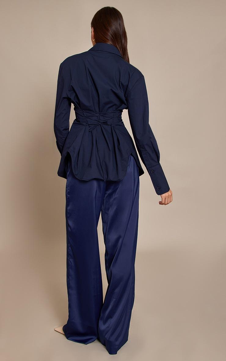 Pretty Little Thing Navy Satin Tailored Detail Wide Leg Pants