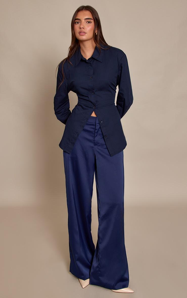 Pretty Little Thing Navy Satin Tailored Detail Wide Leg Pants