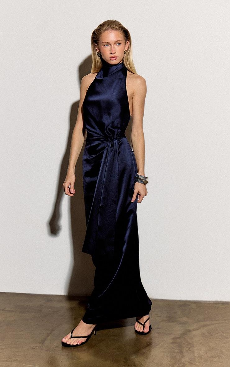 Pretty Little Thing Navy Satin Tie Knot Drape Detail Maxi Dress