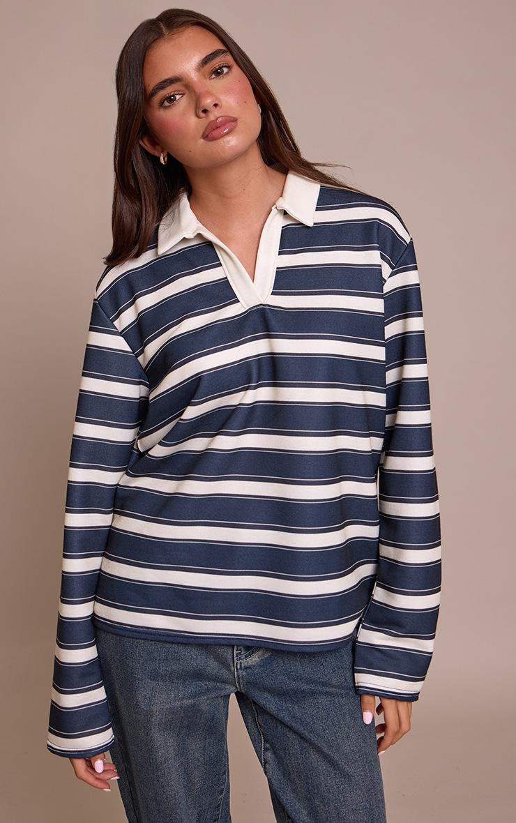 Pretty Little Thing Navy Stripe Cotton Polo Rugby Top