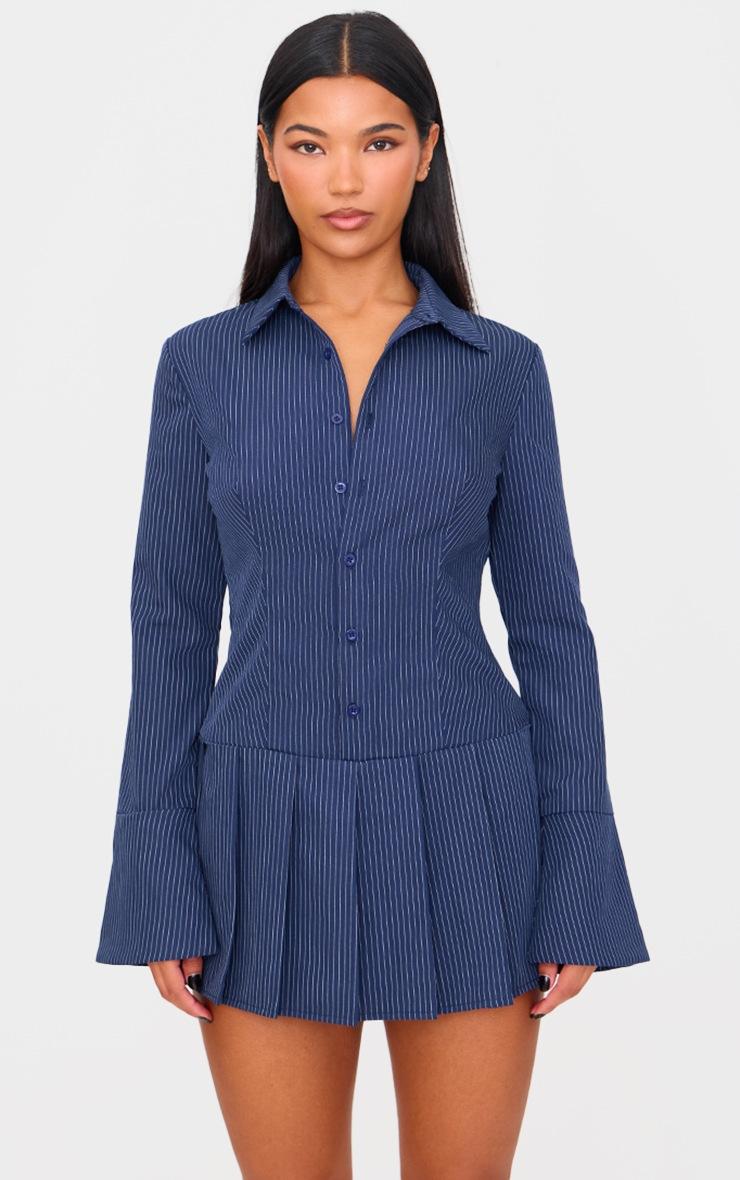 Pretty Little Thing Navy Stripe Shirt Pleated Skort Romper