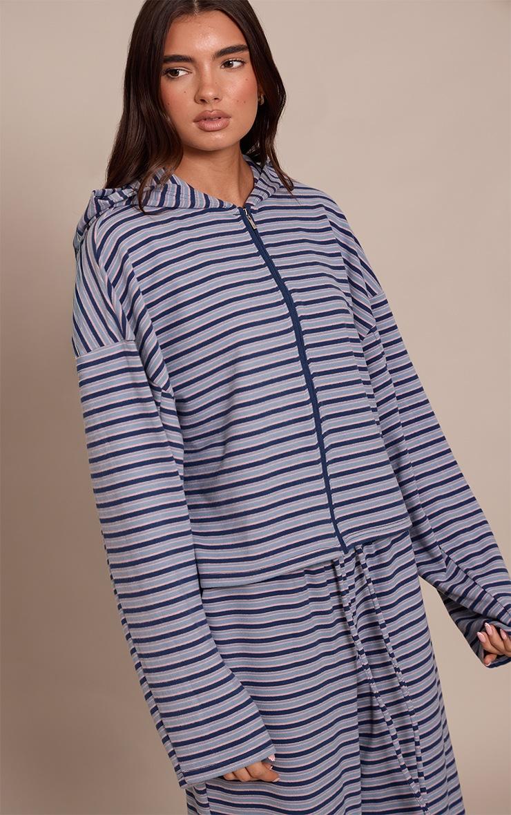 Pretty Little Thing Navy Striped Soft Fleece Zip Up Hoodie