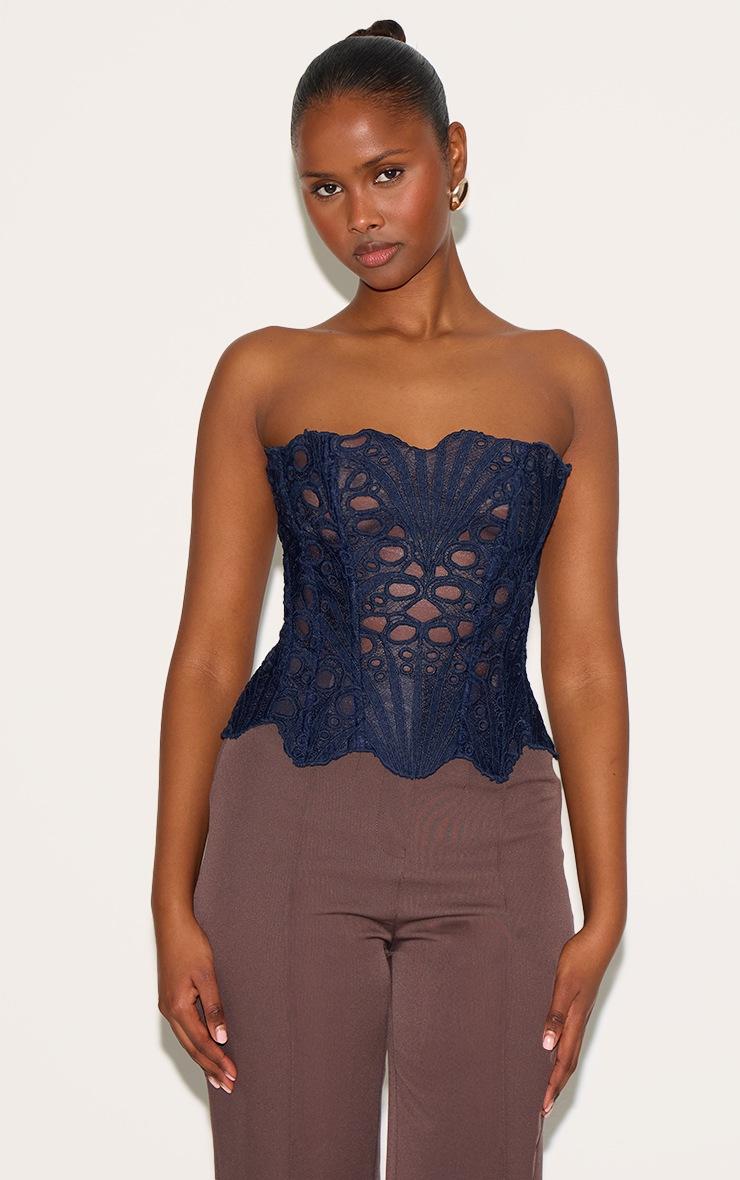 Pretty Little Thing Navy Textured Sheer Floral Lace Corset