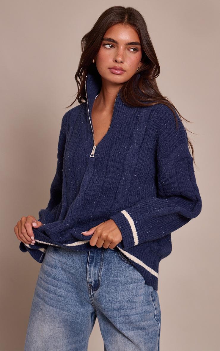 Pretty Little Thing Navy Zip Detail Cable Knit Oversized Sweater