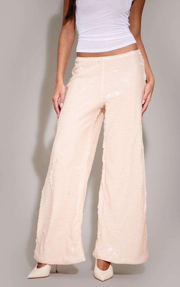 Pretty Little Thing Nude Sequin Wide Leg Floaty Pants