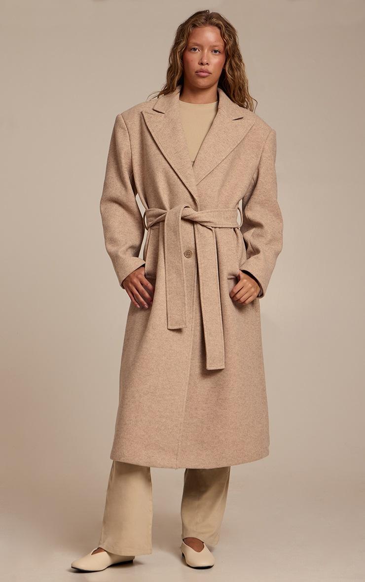 Pretty Little Thing Oat Single Breasted Self Tie Wool Look Maxi Coat