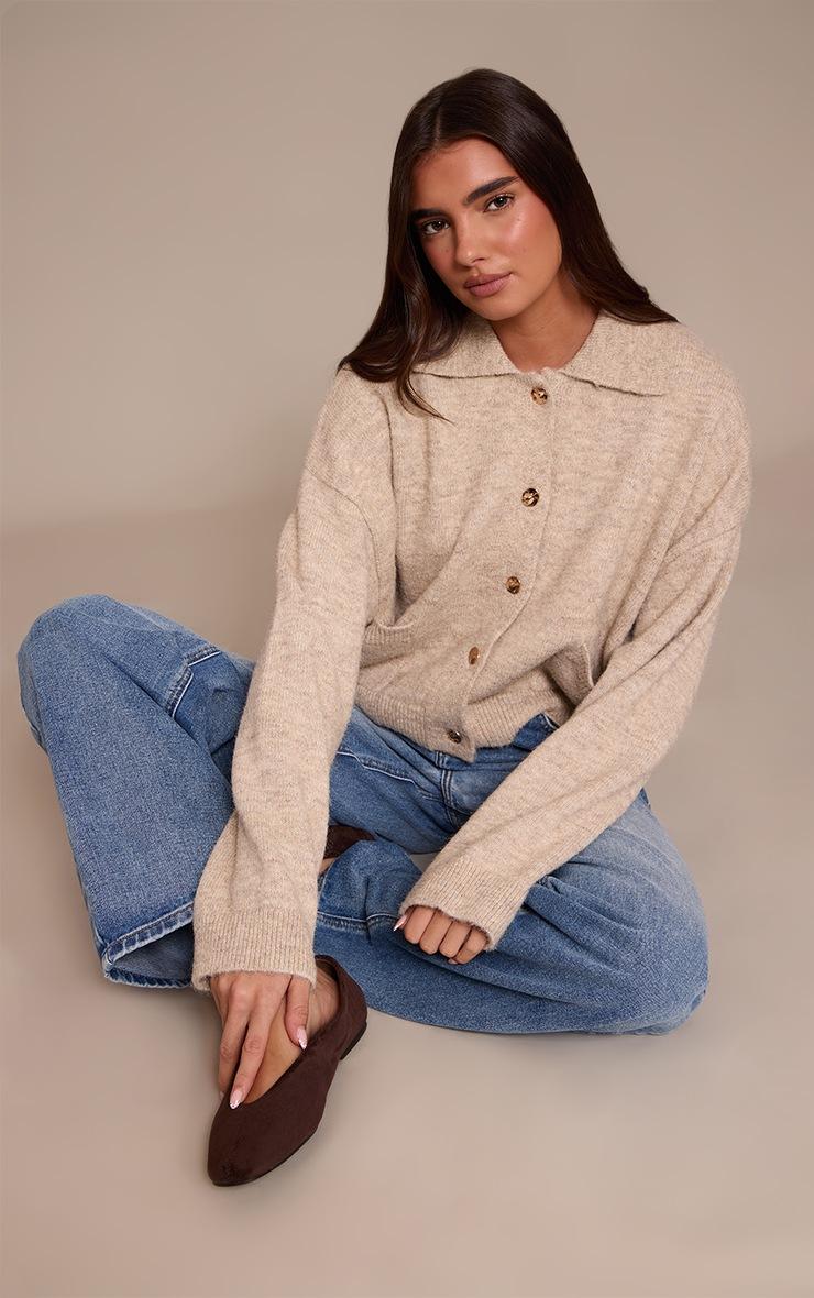 Pretty Little Thing Oatmeal Brushed Knit Collar Cardigan