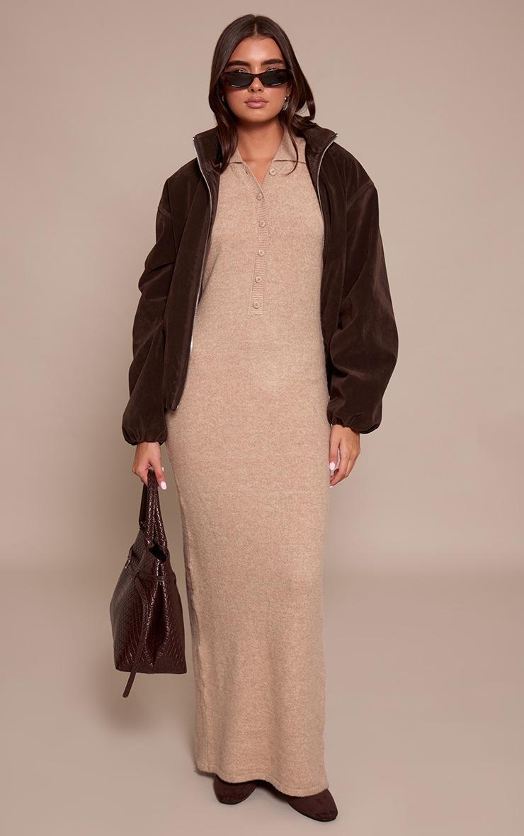 Pretty Little Thing Oatmeal Soft Bobble Knit Button Up Collar Detail Maxi Dress