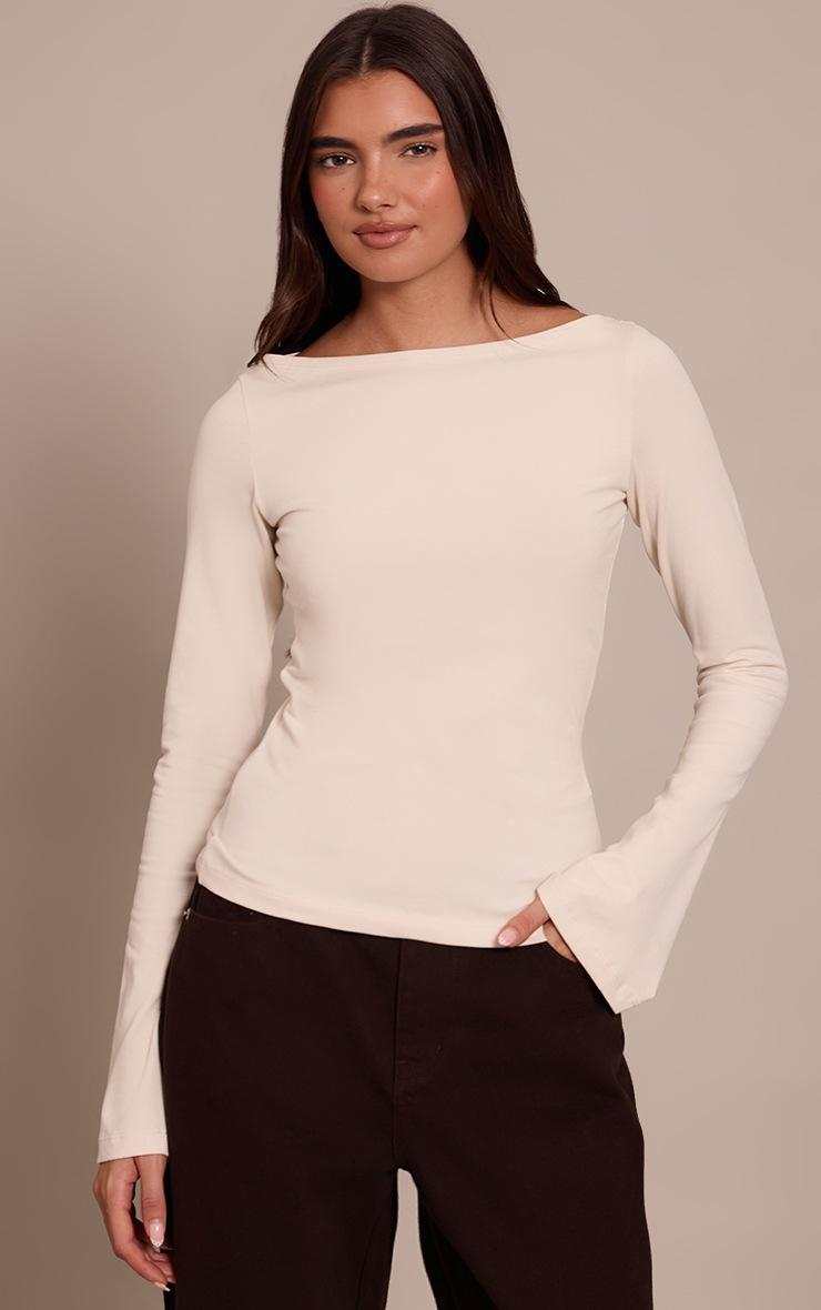 Pretty Little Thing Oatmeal Soft Cotton Boat Neck Flared Long Sleeve Top