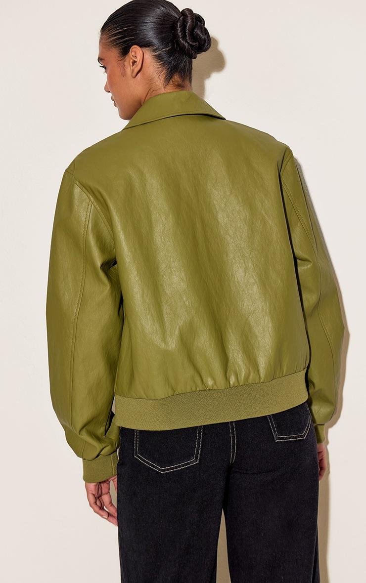 Pretty Little Thing Olive Faux Leather Bomber Jacket