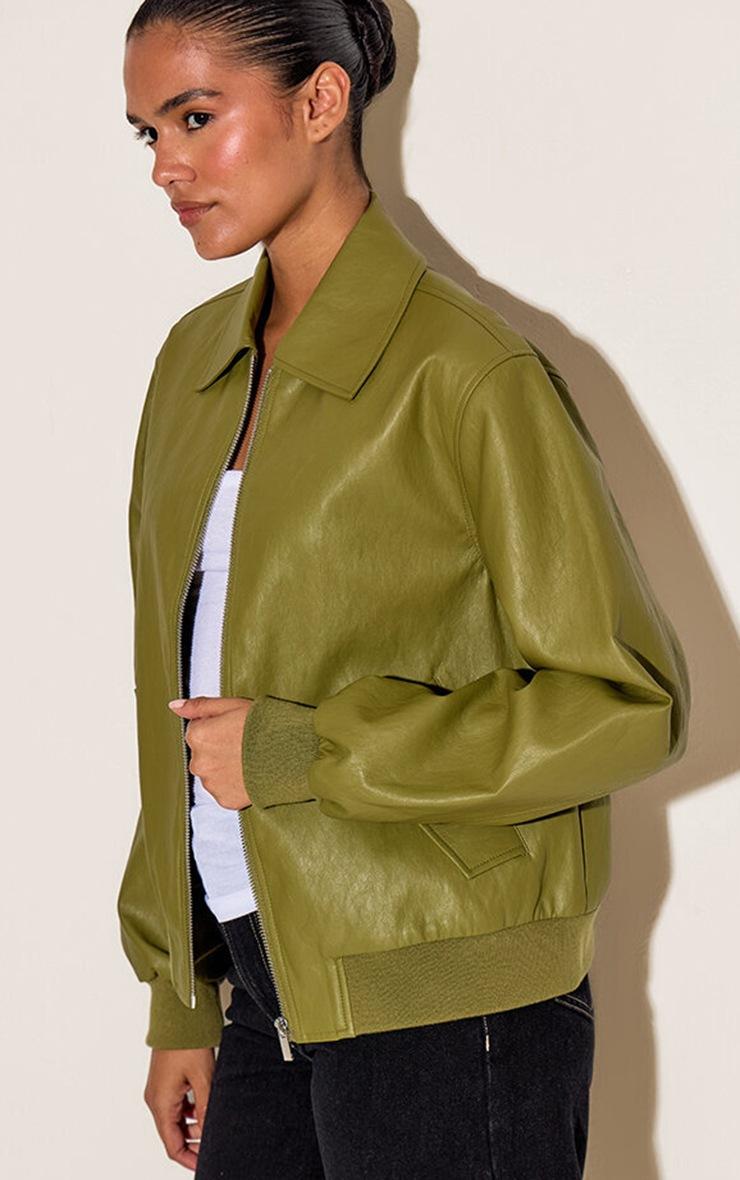 Pretty Little Thing Olive Faux Leather Bomber Jacket