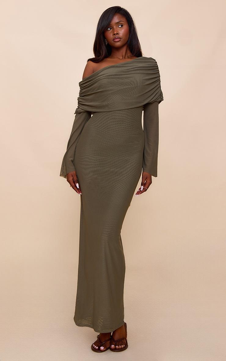 Pretty Little Thing Olive Lined Mesh Long Sleeve Maxi Dress