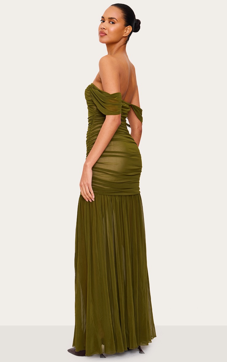 Pretty Little Thing Olive Mesh Bardot Ruched Detail Maxi Dress