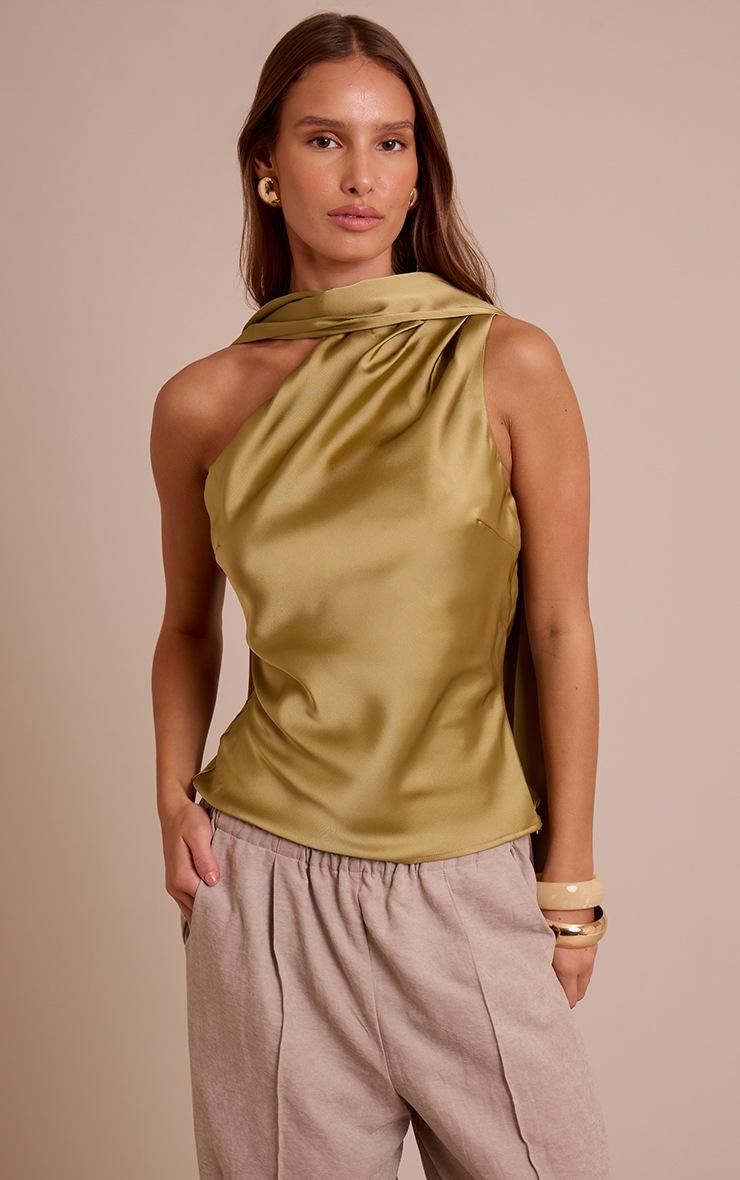 Pretty Little Thing Olive Satin Asymmetric Scarf Detail Top